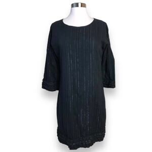 VERTIGO PARIS Black Dress Metallic Pinstripes 3/4 Sleeve Ruffle Round Neck Small
